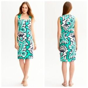 Banana Republic Teal & White Floral Sheath Dress 10 Medium